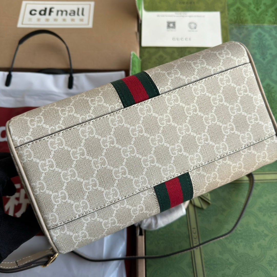{Style No: TZILFPAH} OPHIDIA SMALL TOP HANDLE BAG 26 IN BEIGE WHITE CANVAS AND OAT CALFSKIN TRIM GOLD HARDWARE - Image 9