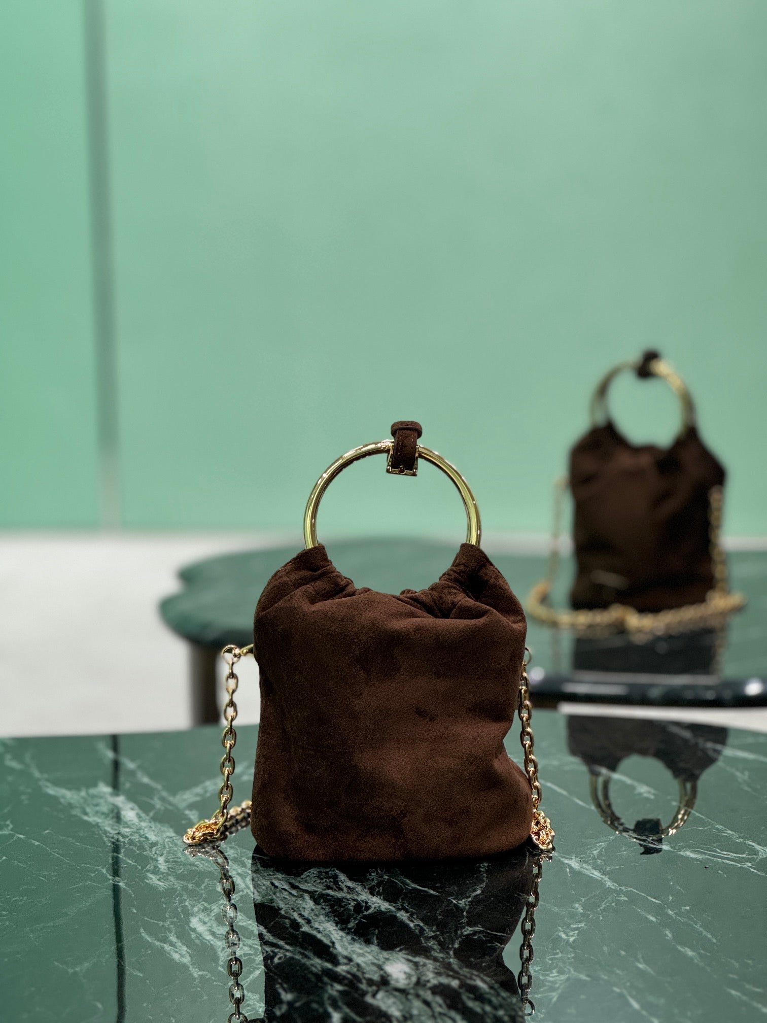 {Style No: G3Y5W6NH} MINI BUCKET BAG 19 IN CHOCOLATE SOFT SUEDE GOLD HARDWARE - Image 2