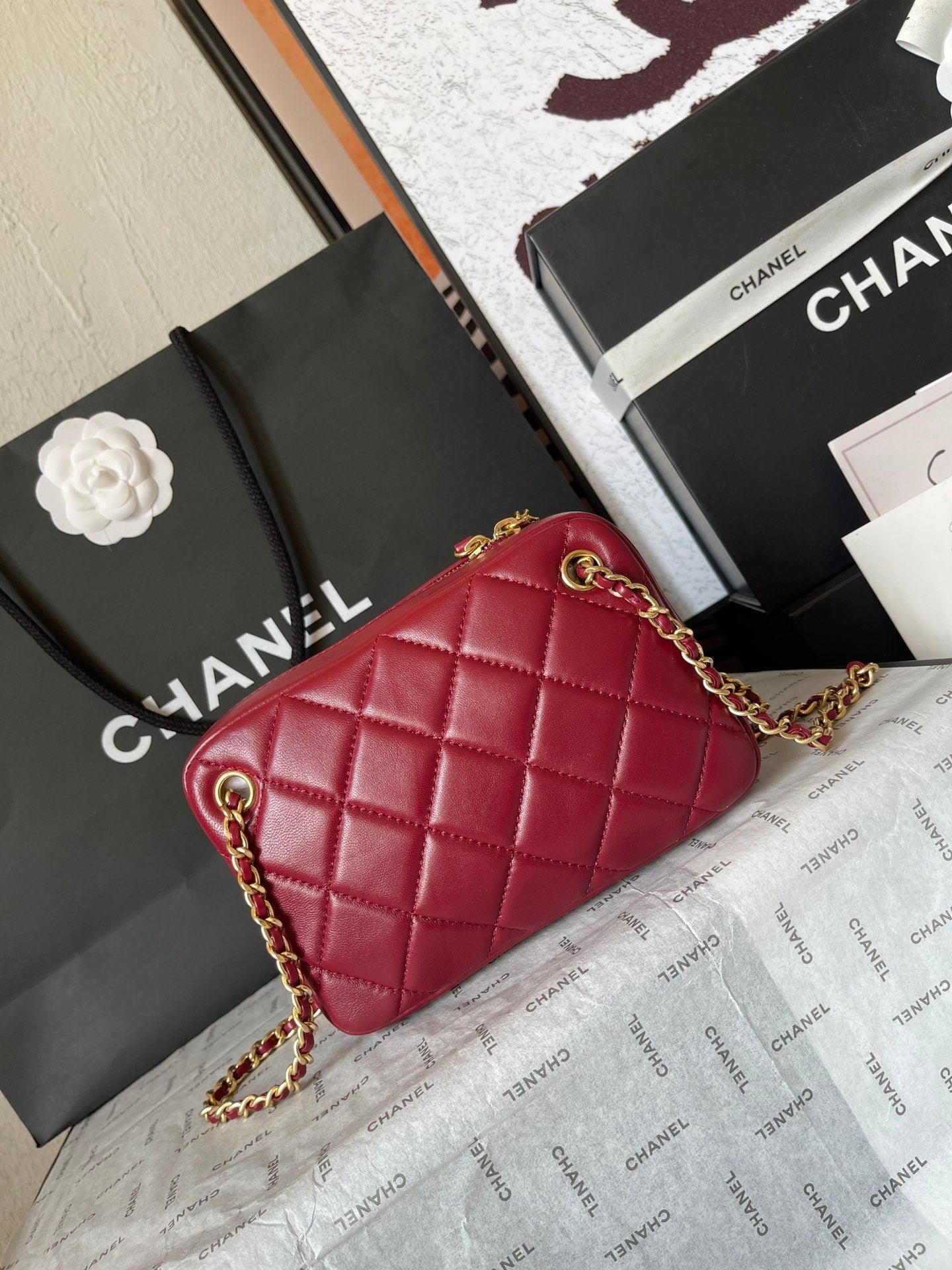 {Style No: 5GZMVTFY} CAMERA BAG 18 IN RED QUILTED LAMBSKIN DOUBLE C GOLD COIN - Image 5