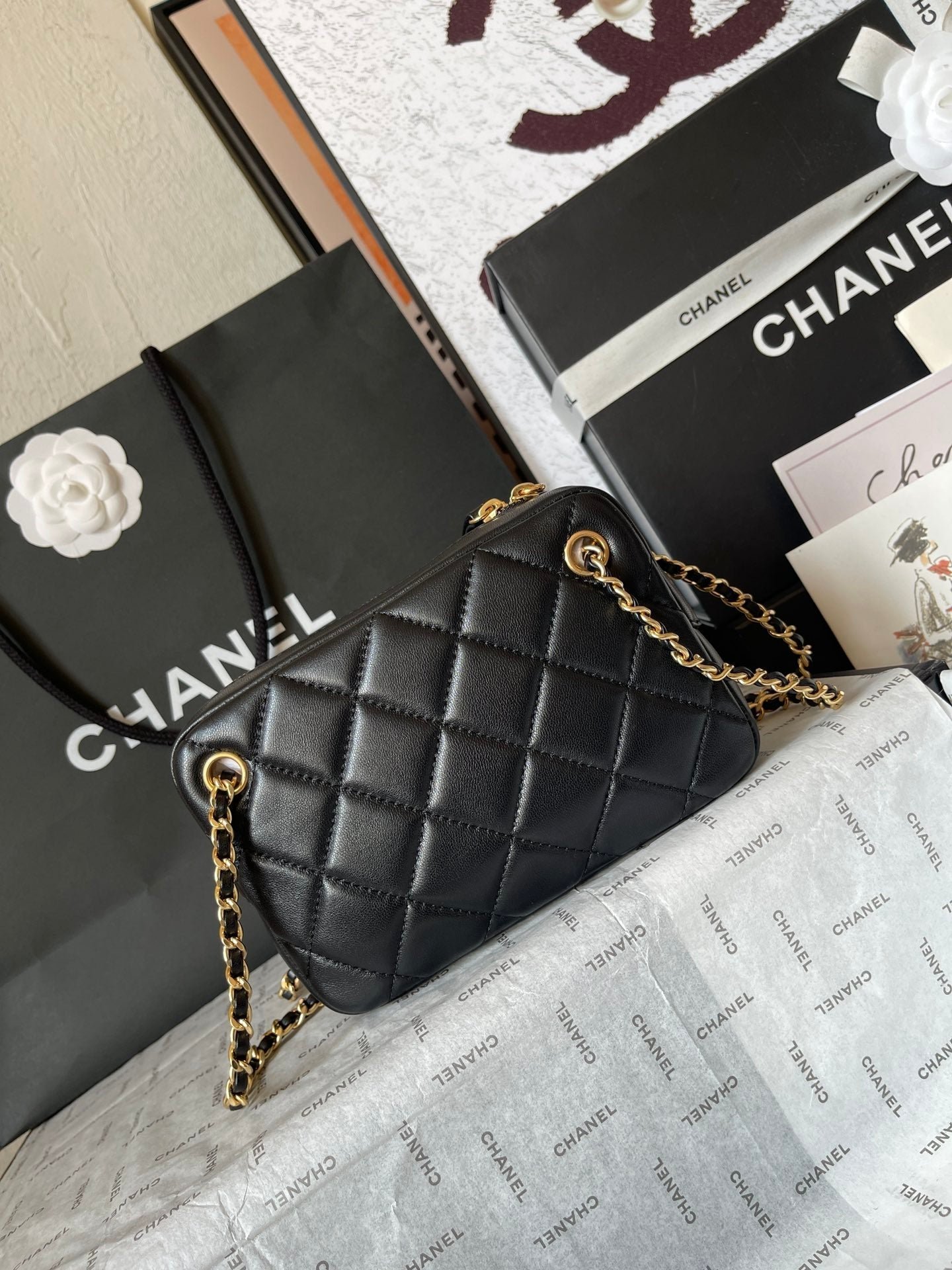 {Style No: F8NESJM6} CAMERA BAG 18 IN BLACK QUILTED LAMBSKIN DOUBLE C GOLD COIN - Image 3