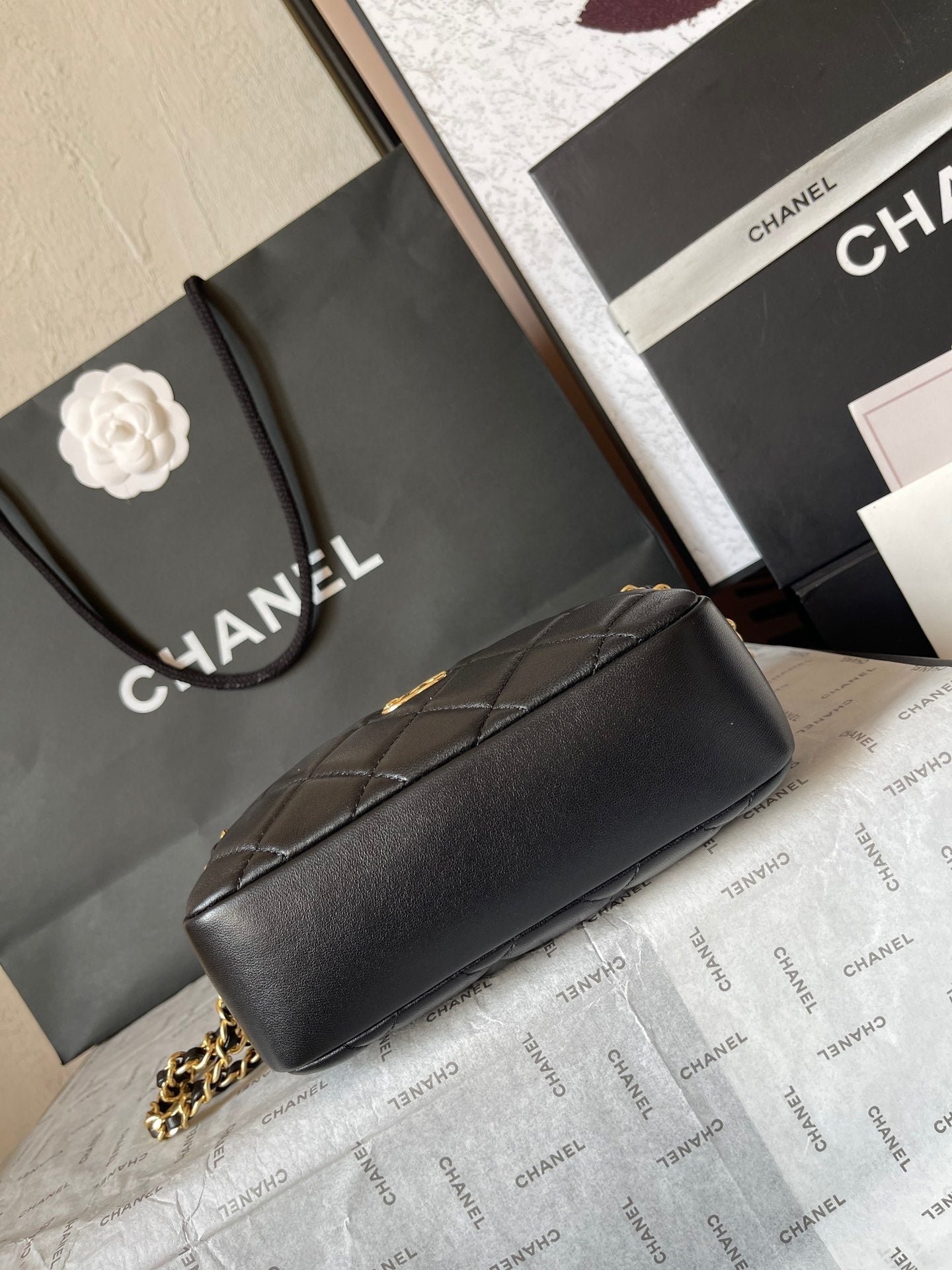 {Style No: F8NESJM6} CAMERA BAG 18 IN BLACK QUILTED LAMBSKIN DOUBLE C GOLD COIN - Image 4