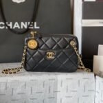 {Style No: F8NESJM6} CAMERA BAG 18 IN BLACK QUILTED LAMBSKIN DOUBLE C GOLD COIN