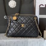 {Style No: JVXMQ29X} CAMERA BAG 24 IN BLACK QUILTED LAMBSKIN DOUBLE C GOLD COIN