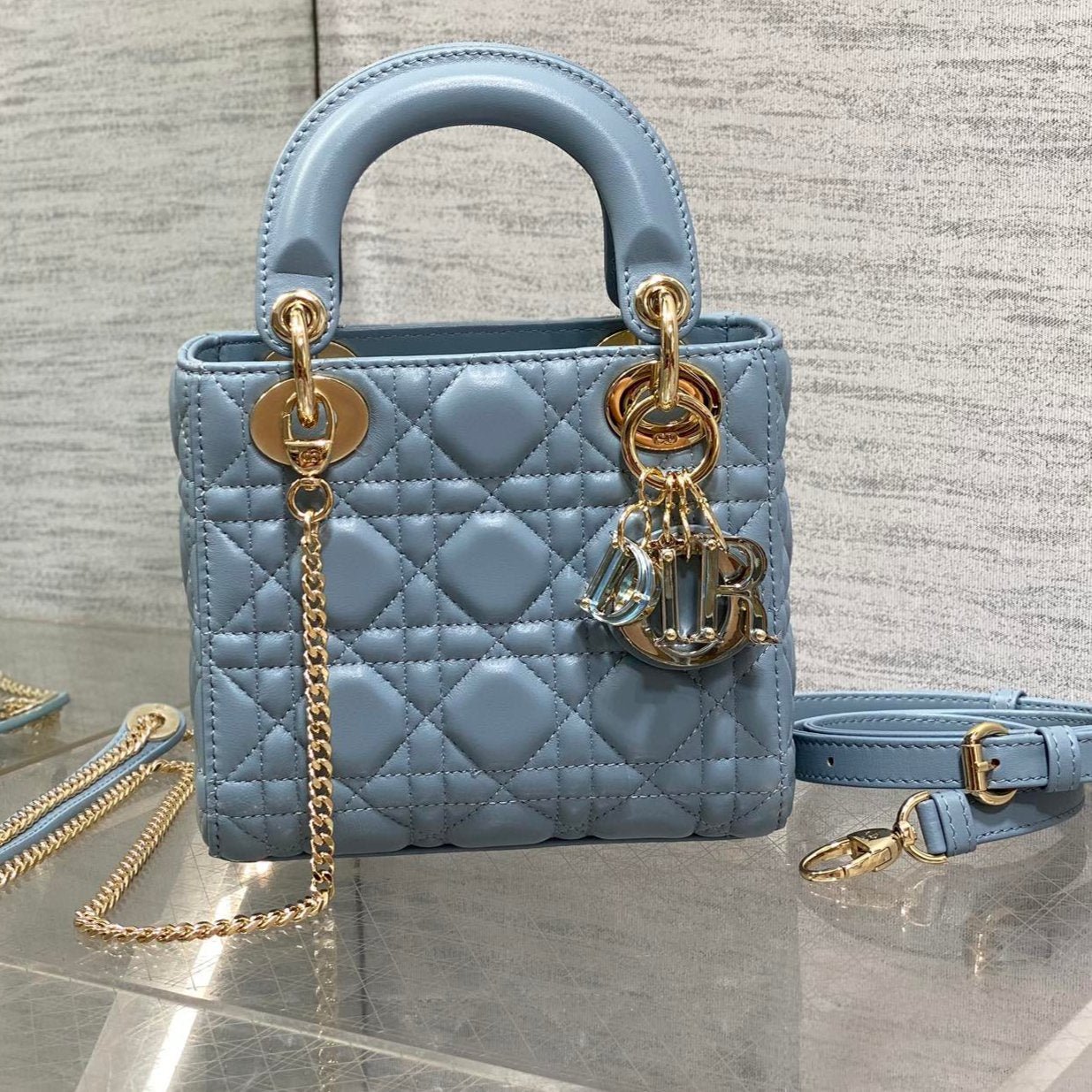 {Style No: KHRHVRMK} LADY MINI BAG 17 IN CERULEAN BLUE LAMBSKIN