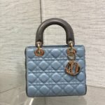 {Style No: WY9XTDNG} MEDIUM LADY BAG 20 IN BABY BLUE QUILTED MACROCANNAGE CALFSKIN GREY STRAP