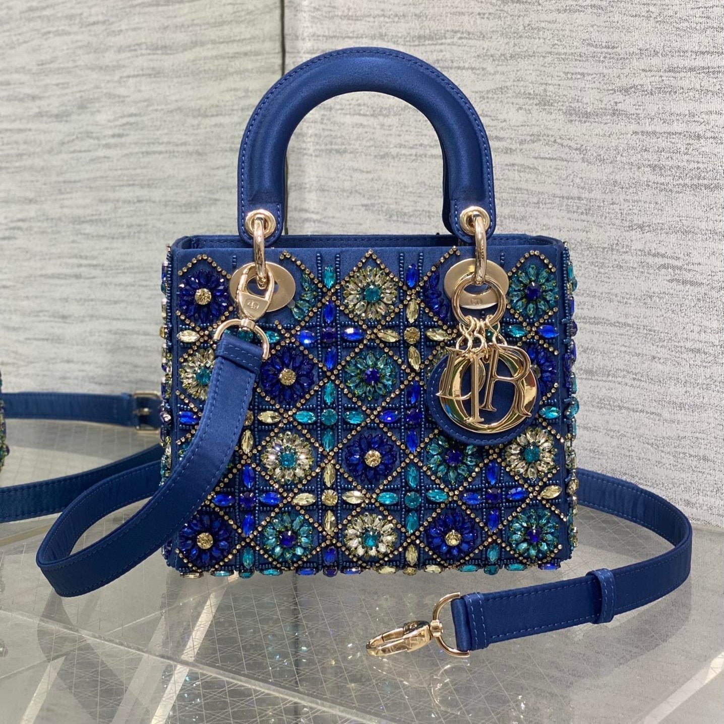 {Style No: Z8DJC2YC} MINI 20 LADY BAG IN COBALT BLUE SATIN WITH COLORFUL EMBROIDERED BEADWORK