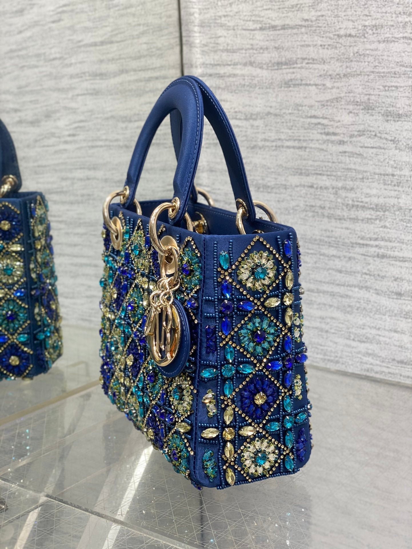 {Style No: Z8DJC2YC} MINI 20 LADY BAG IN COBALT BLUE SATIN WITH COLORFUL EMBROIDERED BEADWORK - Image 4