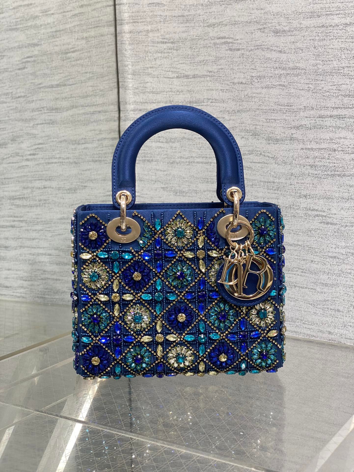 {Style No: Z8DJC2YC} MINI 20 LADY BAG IN COBALT BLUE SATIN WITH COLORFUL EMBROIDERED BEADWORK - Image 3