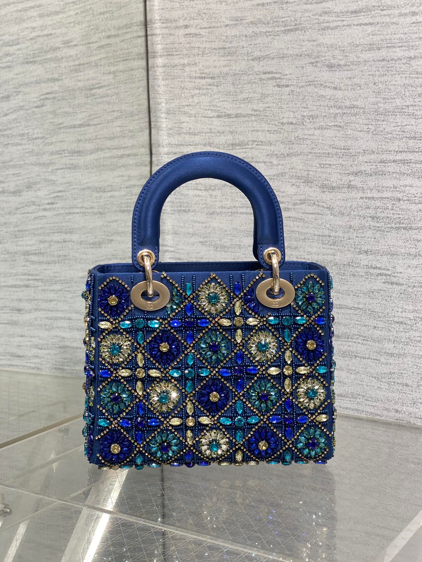 {Style No: Z8DJC2YC} MINI 20 LADY BAG IN COBALT BLUE SATIN WITH COLORFUL EMBROIDERED BEADWORK - Image 2
