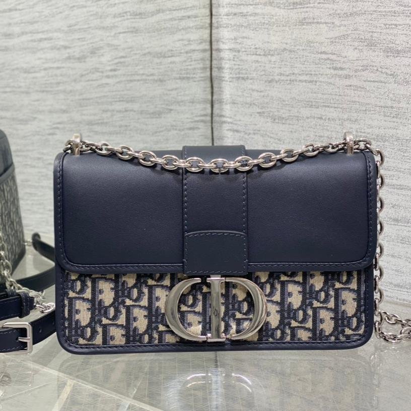 {Style No: M1UTK2FX} MONTAIGNE EAST-WEST 25 BAG WITH CHAIN IN NAVY BLUE LAMBSKIN AND MONOGRAM JACQUARD