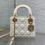 {Style No: E7V3WI24} DIOR 25S MINI LADY DIOR BAG 17 IN IVORY CALFSKIN CHARM CRYSTAL EMBELLISHMENTS