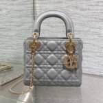 {Style No: NVY4P5CJ} DIOR 25S MINI LADY DIOR BAG 17 IN DARK GRAY CALFSKIN CHARM CRYSTAL EMBELLISHMENTS