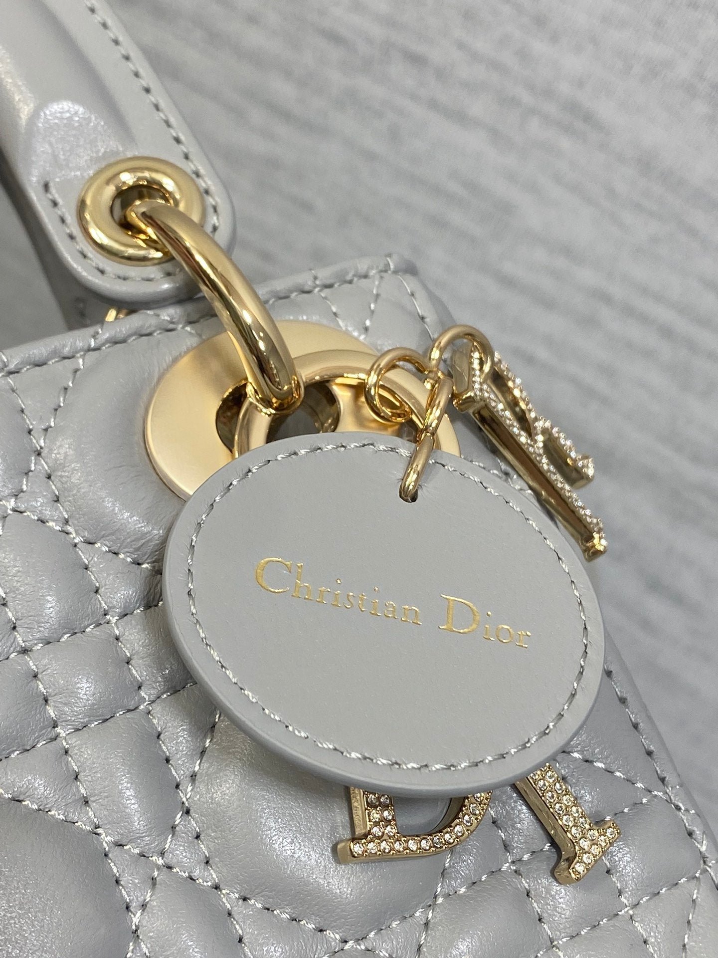 {Style No: NVY4P5CJ} DIOR 25S MINI LADY DIOR BAG 17 IN DARK GRAY CALFSKIN CHARM CRYSTAL EMBELLISHMENTS - Image 6