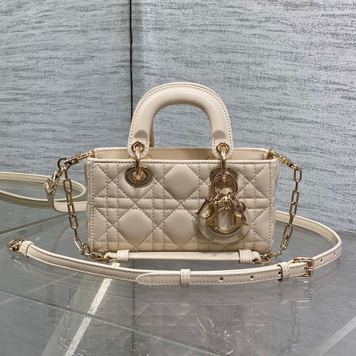 {Style No: I4H6Y1I3} DIOR 25S MICRO LADY D-JOY 16 IN BEIGE LAMBSKIN GOLD HARDWARE