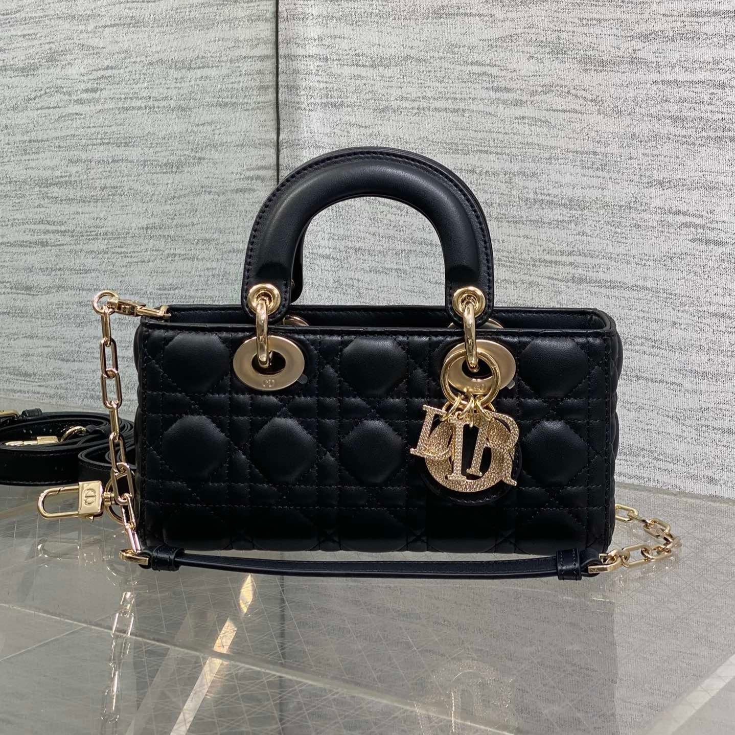 {Style No: II665AVD} DIOR 25S SMALL LADY D‑JOY BAG 22 IN BLACK CALFSKIN GOLD HARDWRE