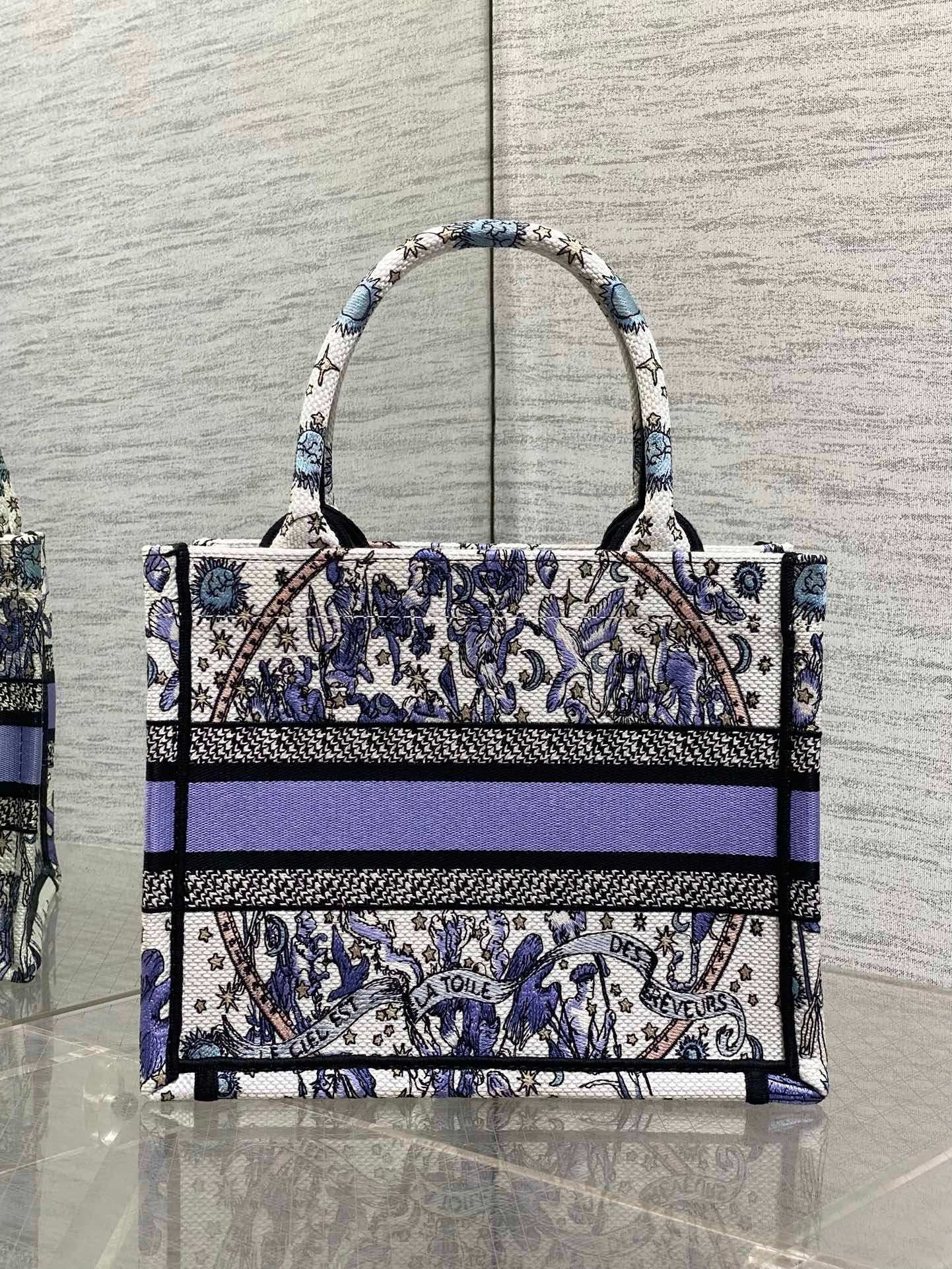 {Style No: WH5KIKRH} DIOR 25S SMALL BOOK TOTE 26 IN WHITE AND PURPLE DIOR NIGHT OF DREAMS EMBROIDERY - Image 2