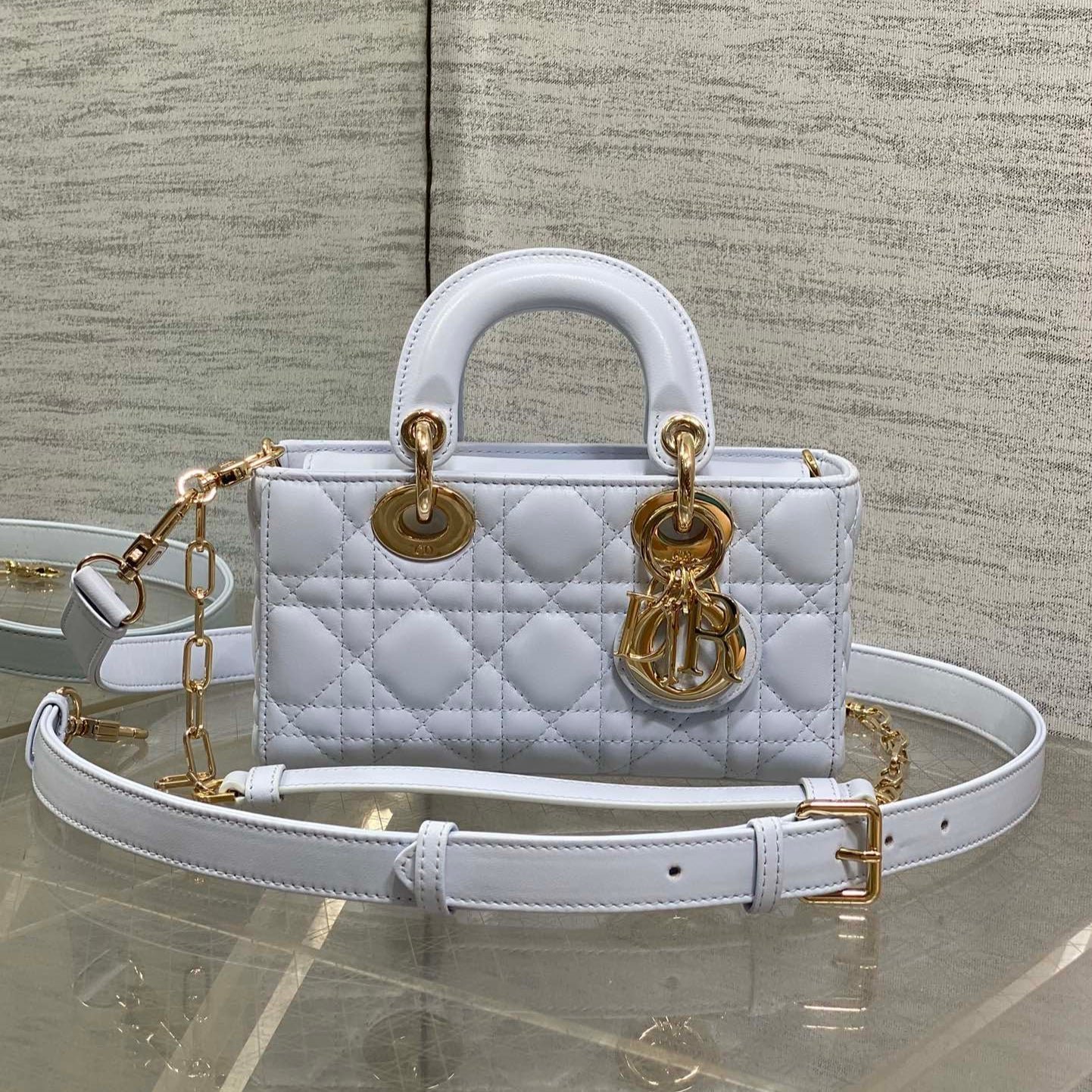 {Style No: CRXQYPJL} DIOR 25S SMALL LADY D‑JOY BAG 19 IN LIGHT BLUE CANNAGE CALFSKIN GOLD HARDWRE