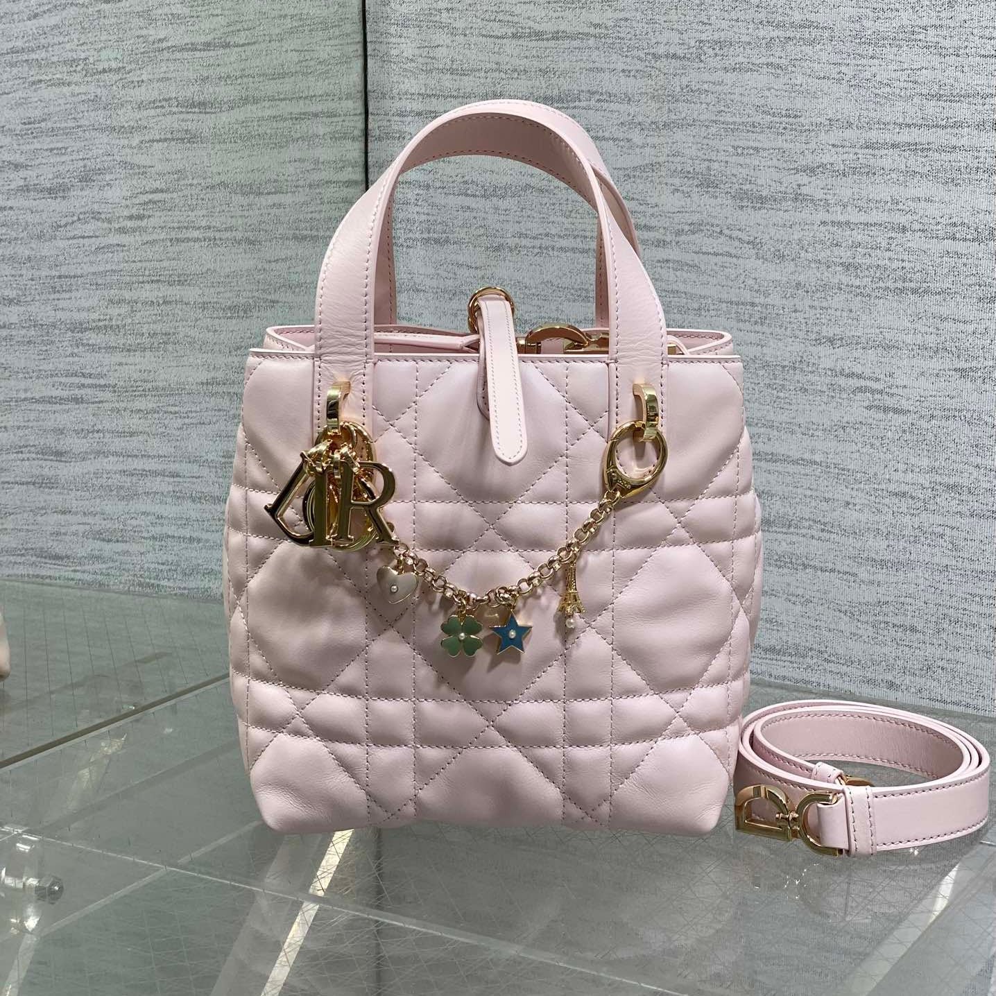 {Style No: RYJ4HKVA} DIOR 25S TOUJOURS VERTICAL TOTE BAG 18 IN LIGHT PINK CALFSKIN WITH CHARM BRACELET STRAP