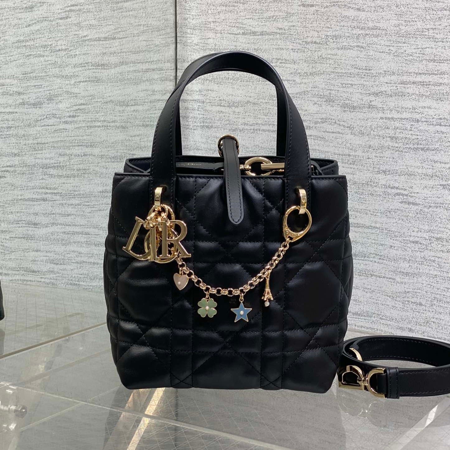 {Style No: PTHJYCZX} DIOR 25S TOUJOURS VERTICAL TOTE BAG 18 IN BLACK CALFSKIN WITH CHARM BRACELET STRAP