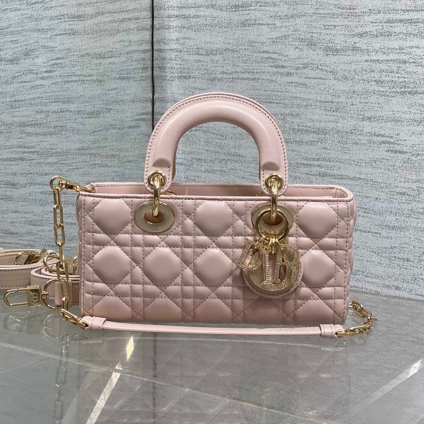 {Style No: BM4PHCWI} DIOR 25S SMALL LADY D‑JOY BAG 22 IN BABY PINK CALFSKIN GOLD HARDWARE