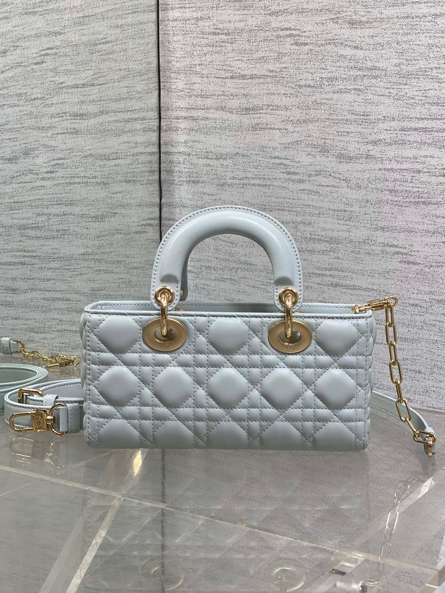 {Style No: 2F1A5TZL} DIOR 25S SMALL LADY D‑JOY BAG 22 IN SHIRT BLUE CALFSKIN GOLD HARDWRE - Image 2