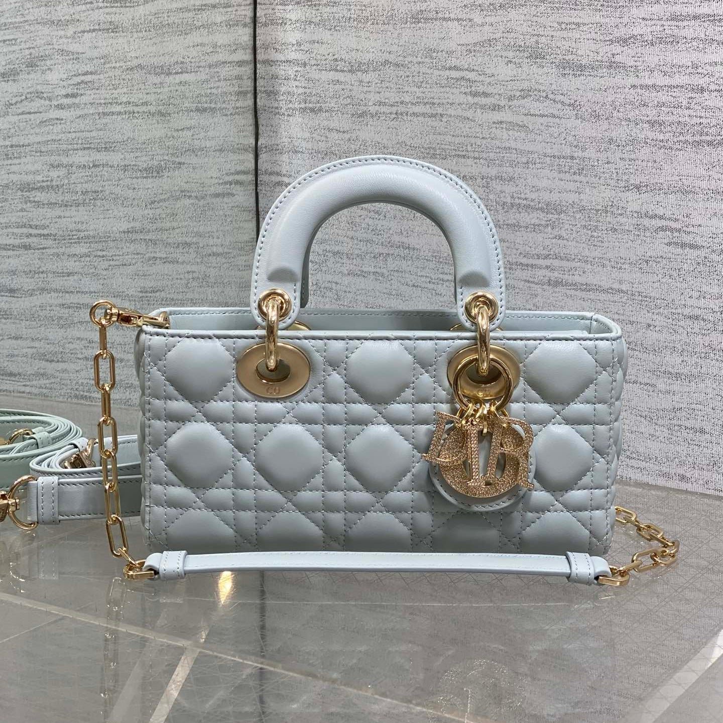 {Style No: 2F1A5TZL} DIOR 25S SMALL LADY D‑JOY BAG 22 IN SHIRT BLUE CALFSKIN GOLD HARDWRE