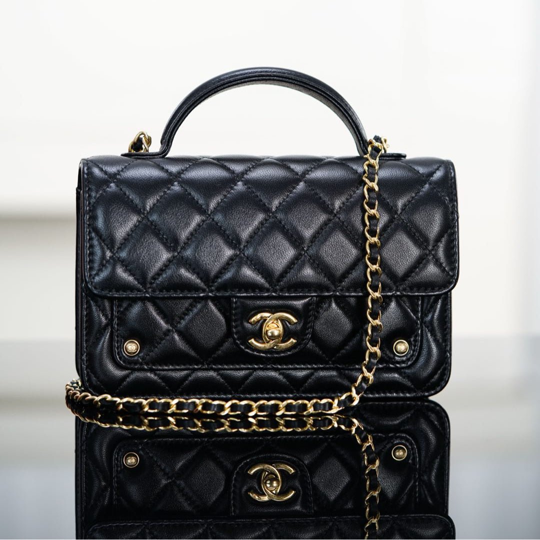 {Style No: D2FIVC7P} CHANEL 25S TOP HANDLE FLAP 19 CM IN BLACK LAMBSKIN WITH GOLD HARDWARE