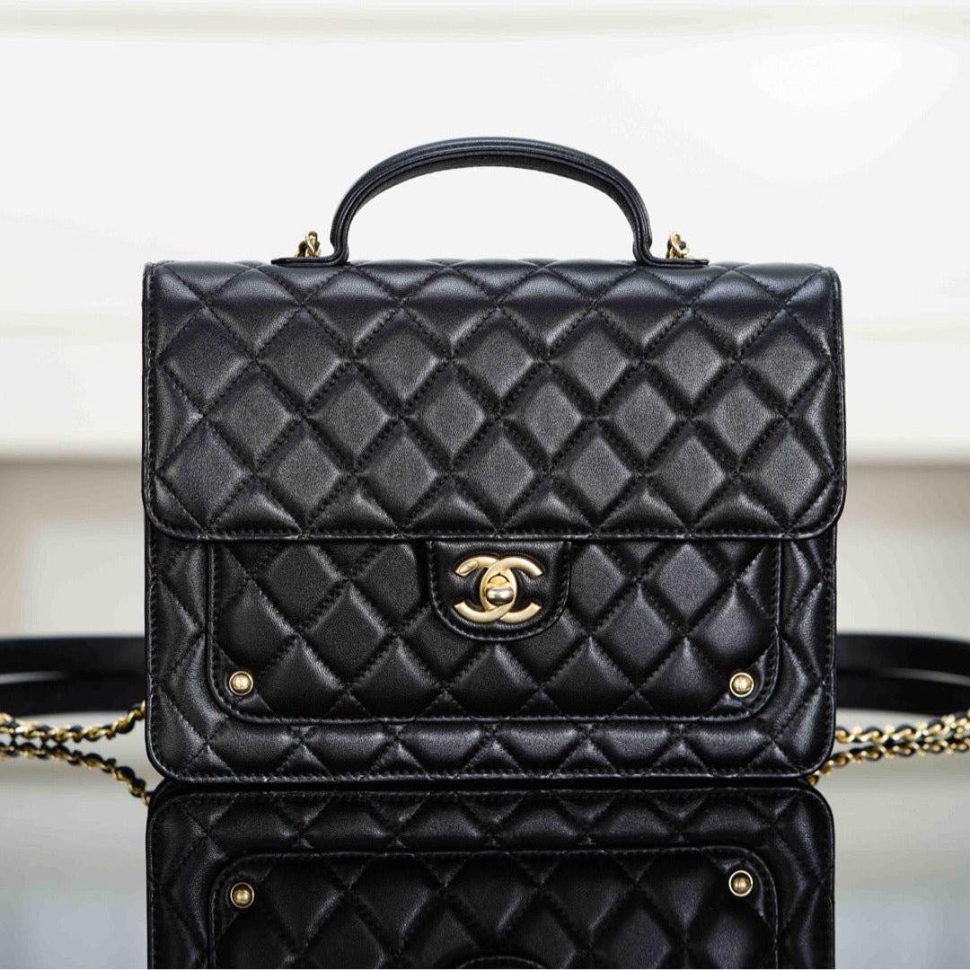 {Style No: 4PTT5ULK} CHANEL 25S TOP HANDLE FLAP 23 CM IN BLACK LAMBSKIN WITH GOLD HARDWARE