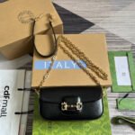 {Style No: FIMO6BEA} DIAMOND HORSEBIT SHOULDER BAG 24 IN BLACK CALFSKIN GOLD HARDWARE
