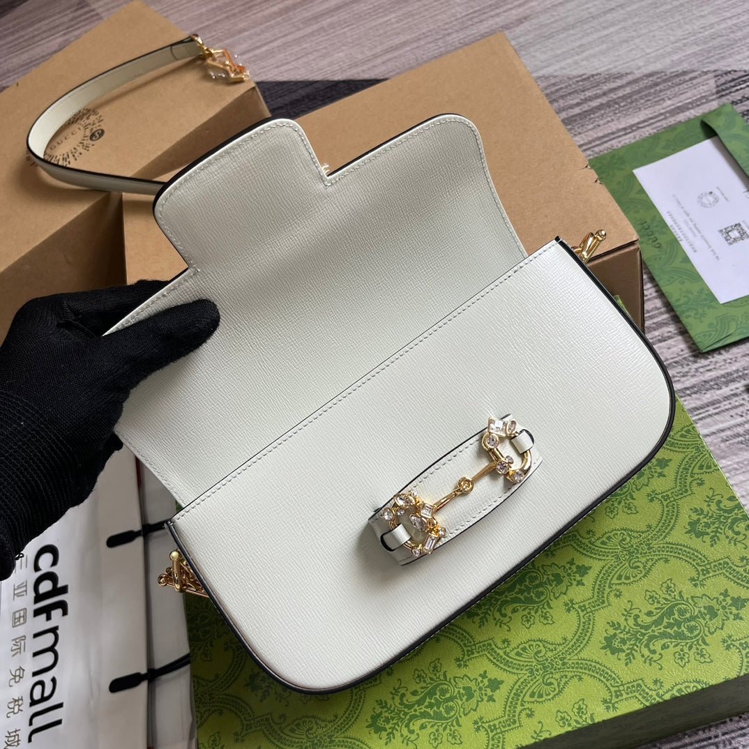 {Style No: FRRGMWBS} DIAMOND HORSEBIT SHOULDER BAG 24 IN WHITE CALFSKIN GOLD HARDWARE - Image 2