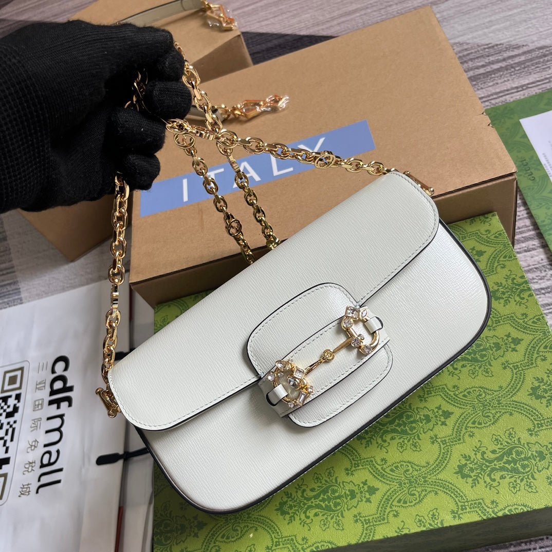 {Style No: FRRGMWBS} DIAMOND HORSEBIT SHOULDER BAG 24 IN WHITE CALFSKIN GOLD HARDWARE - Image 7