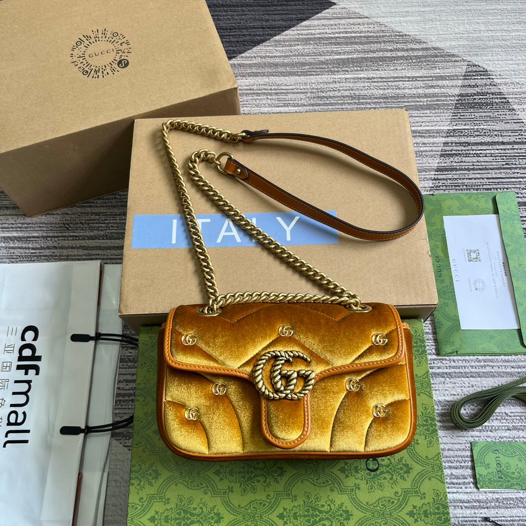 {Style No: 2TH7D9AR} GG MARMONT MINI 22 BAG IN GOLDEN VELVET