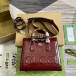{Style No: VQ2X8TTJ} DIANA SMALL TOTE BAG 27 WITH WEB IN WINE RED LACQUER CALFSKIN BAMBOO HANDLE