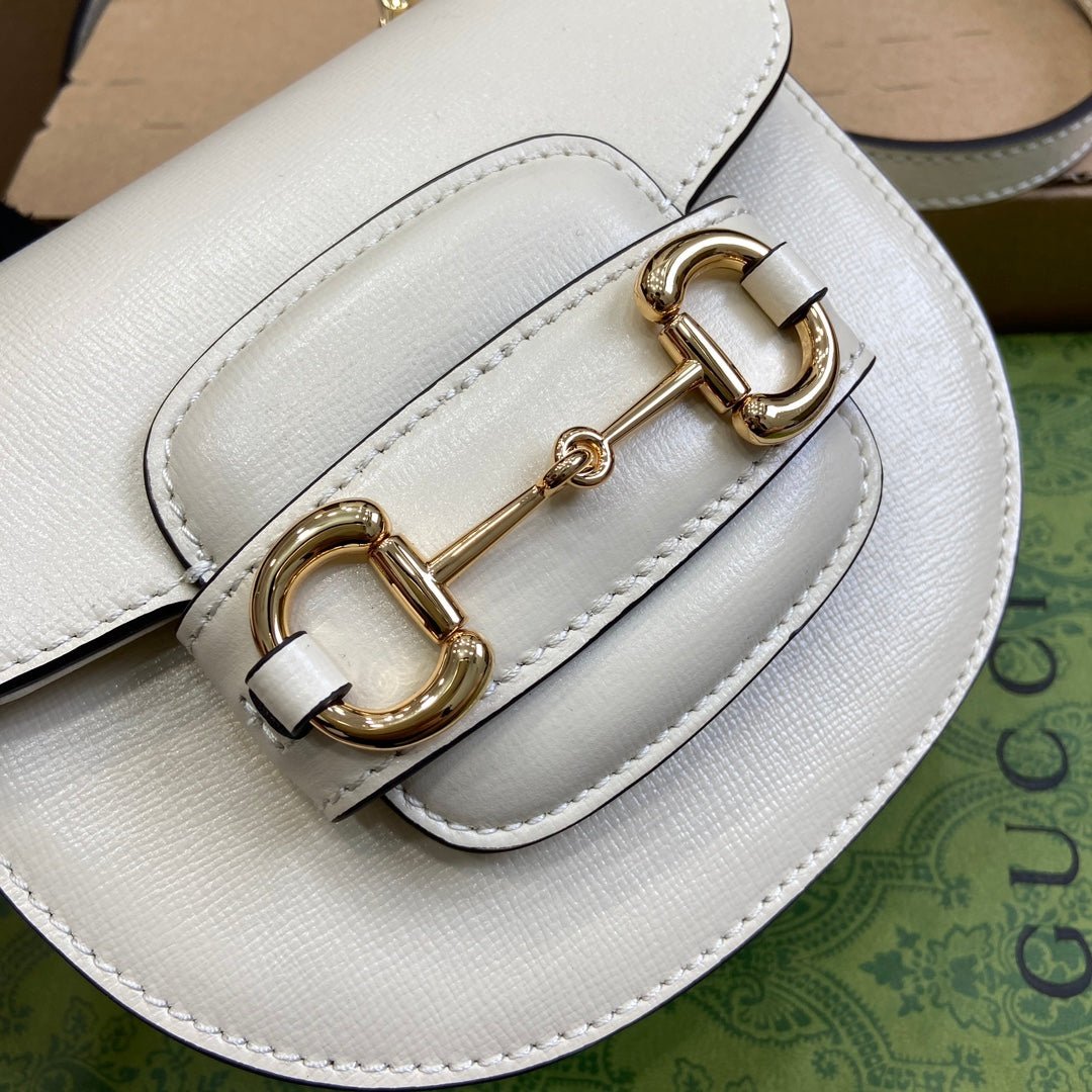 {Style No: FT5VHHED} HORSEBIT 1955 MINI TOP HANDLE BAG 18 IN WHITE CALFSKIN GOLD HARDWARE - Image 7