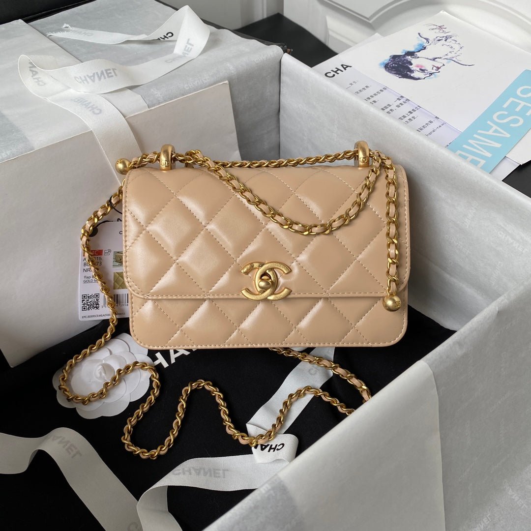 {Style No: O66NAFQ8} CC MINI 19 FLAP BAG IN DARK BEIGE CALFSKIN GOLD HARDWARE