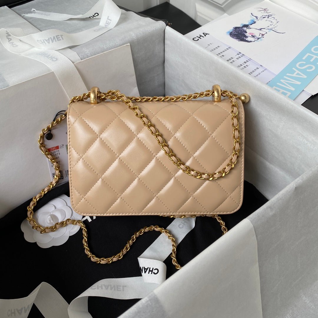 {Style No: O66NAFQ8} CC MINI 19 FLAP BAG IN DARK BEIGE CALFSKIN GOLD HARDWARE - Image 2