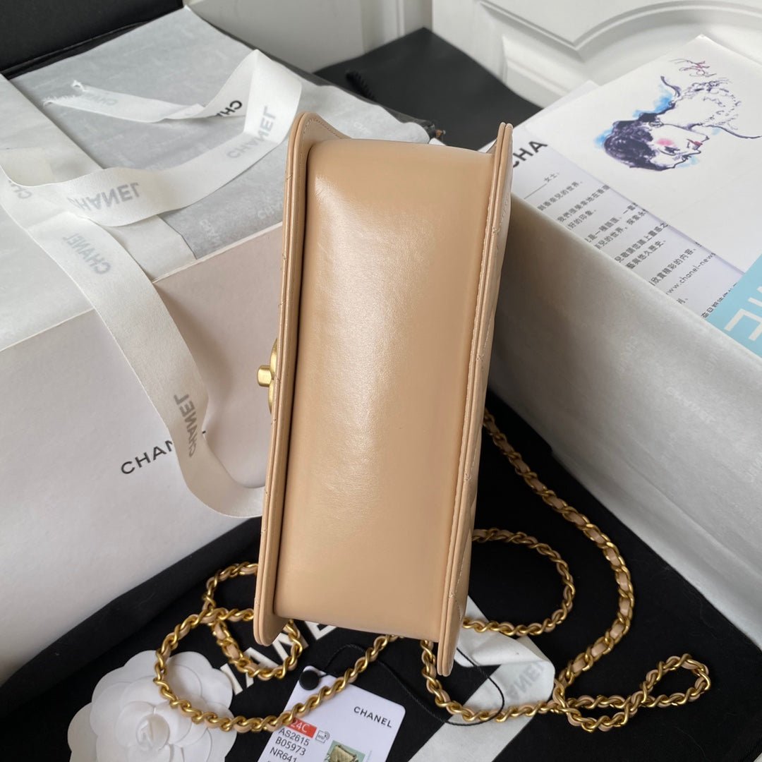 {Style No: O66NAFQ8} CC MINI 19 FLAP BAG IN DARK BEIGE CALFSKIN GOLD HARDWARE - Image 8