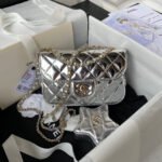 {Style No: X12P22MD} CC MINI 19 FLAP BAG IN SILVER METALLIC CALFSKIN WITH STRAP