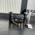 {Style No: W3LNLQ8G} SMALL FLAP BAG 21 IN BLACK CALFSKIN GOLD DOUBLE C THICK CHAIN