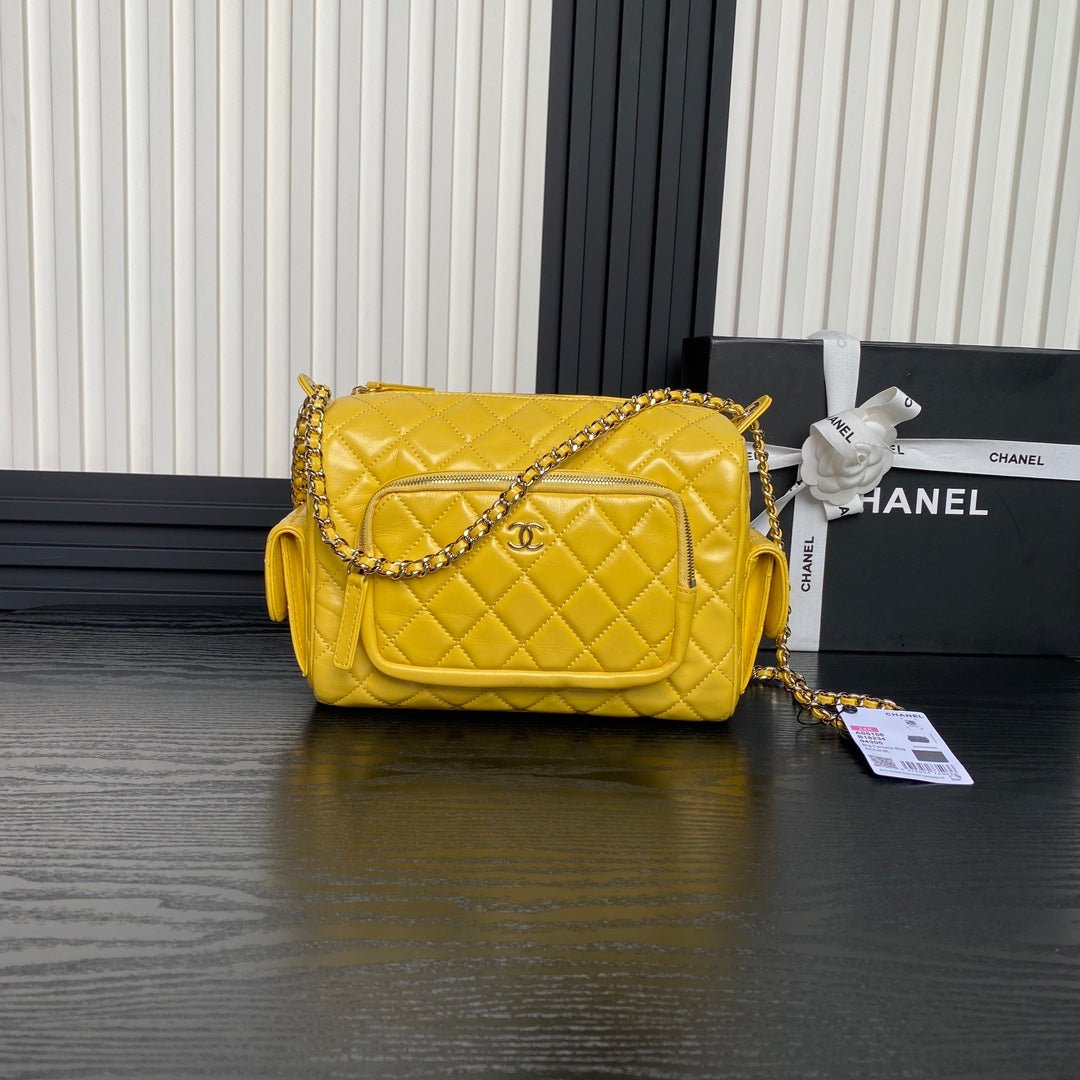 {Style No: B9TGMFHG} CAMERA BAG 24 IN MIMOSA YELLOW SHINY CALFSKIN GOLD CHAIN