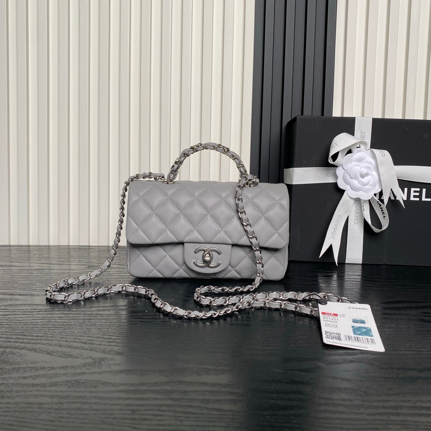 {Style No: NBBT2MTP} CHANEL 25S FLAP BAG 19 IN CHARCOAL GRAY CALFSKIN SILVER HARDWARE