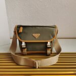 {Style No: U9VTQT74} MESSENGER BAG 20 IN KHAKI GREEN RE-NYLON AND BROWN CALFSKIN TRIM