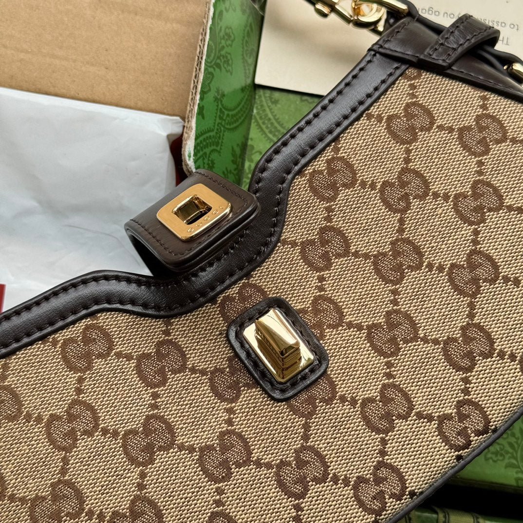{Style No: E6TIK6HY} MOON SIDE SHOULDER BAG 24 IN BEIGE CANVAS AND DARK BROWN LEATHER TRIM - Image 5