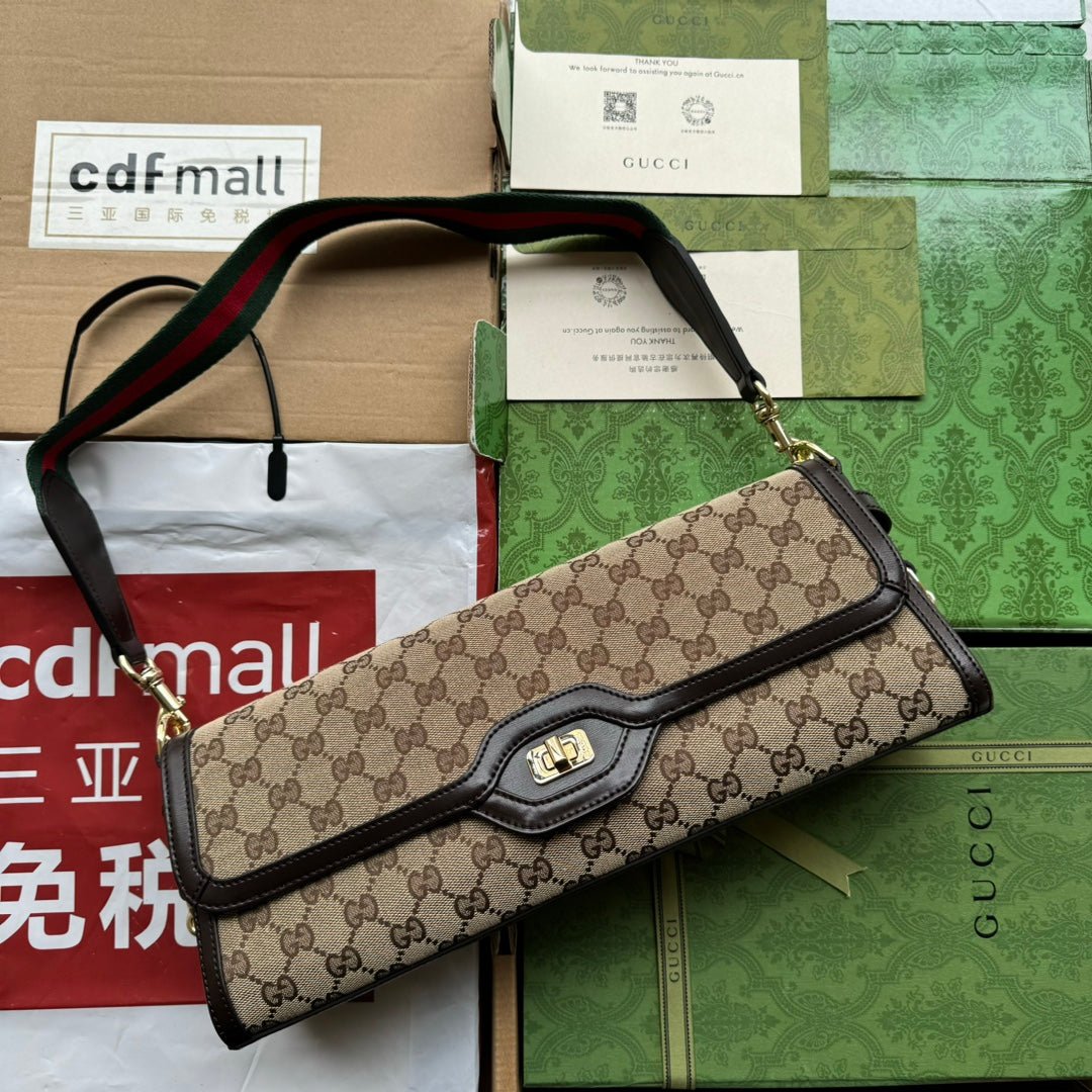 {Style No: MMUSSE2K} LUCE MEDIUM SHOULDER BAG 36 IN BEIGE CANVAS AND DARK BROWN CALFSKIN TRIM GOLD HARDWARE