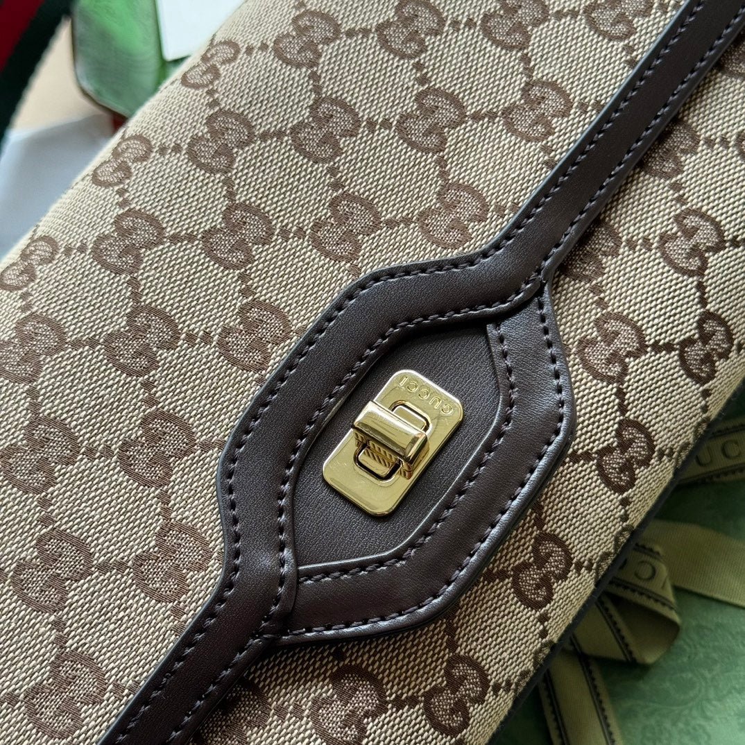 {Style No: MMUSSE2K} LUCE MEDIUM SHOULDER BAG 36 IN BEIGE CANVAS AND DARK BROWN CALFSKIN TRIM GOLD HARDWARE - Image 6