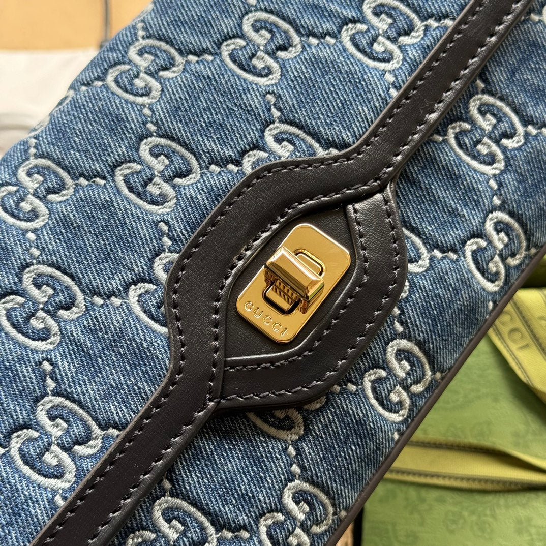 {Style No: LWYX82GV} LUCE SMALL SHOULDER BAG 27 IN BLUE EMBOSSED DENIM AND BLACK CALFSKIN TRIM GOLD HARDWARE - Image 3