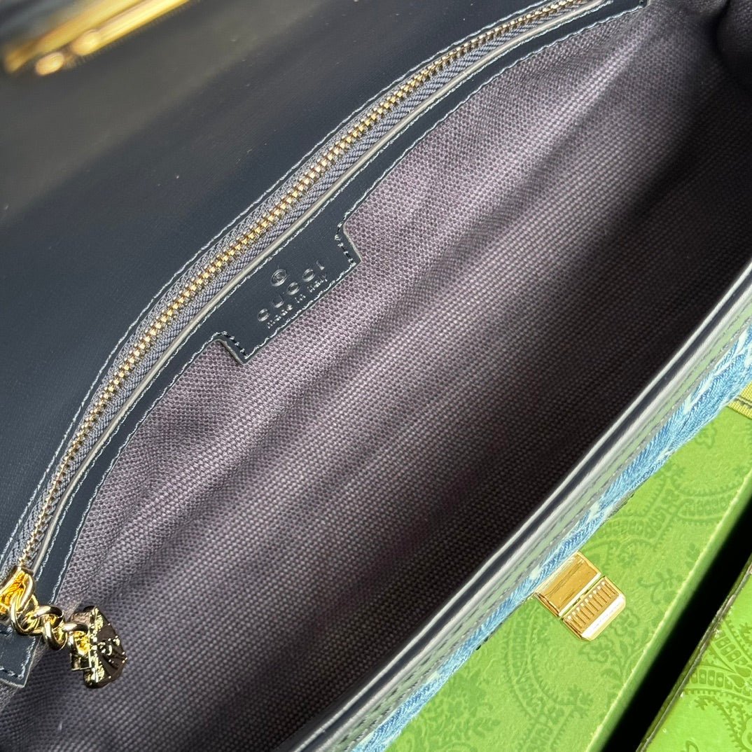 {Style No: LWYX82GV} LUCE SMALL SHOULDER BAG 27 IN BLUE EMBOSSED DENIM AND BLACK CALFSKIN TRIM GOLD HARDWARE - Image 4