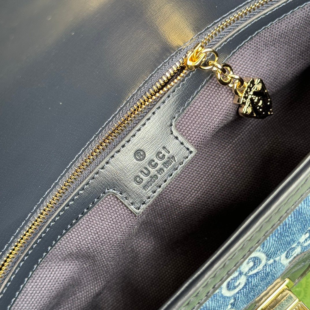 {Style No: LWYX82GV} LUCE SMALL SHOULDER BAG 27 IN BLUE EMBOSSED DENIM AND BLACK CALFSKIN TRIM GOLD HARDWARE - Image 5