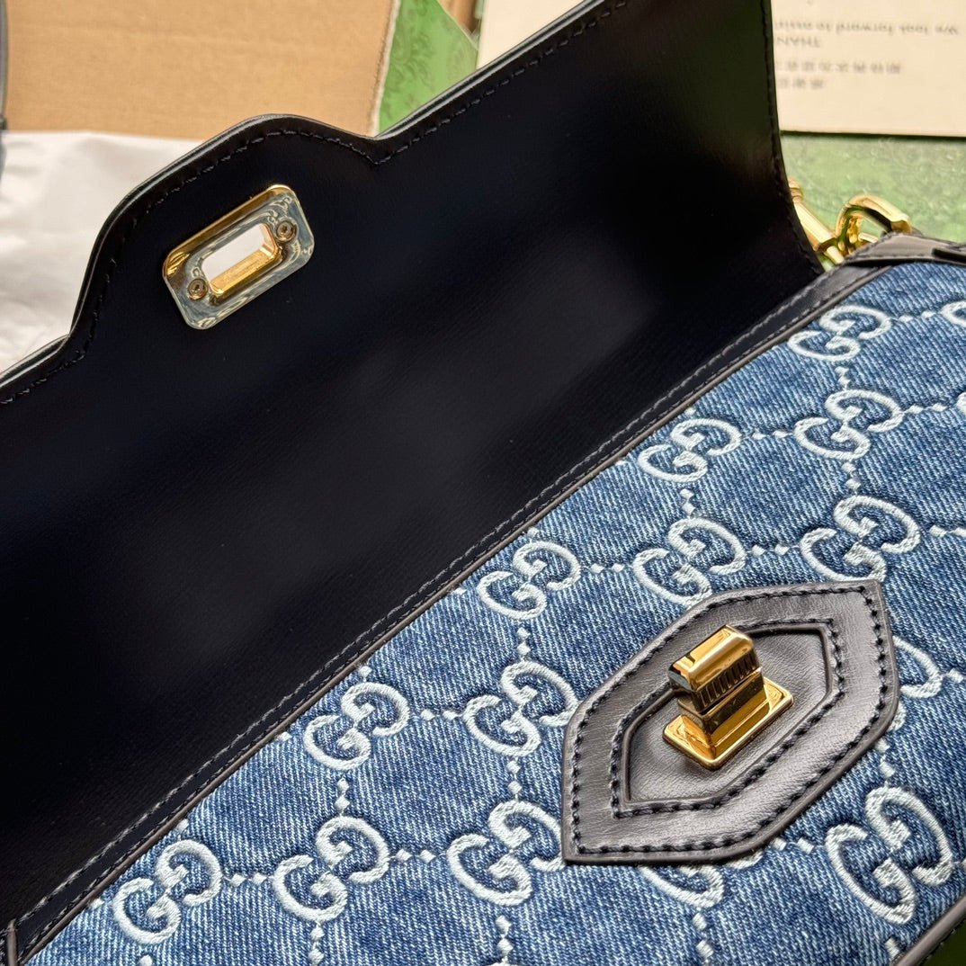 {Style No: LWYX82GV} LUCE SMALL SHOULDER BAG 27 IN BLUE EMBOSSED DENIM AND BLACK CALFSKIN TRIM GOLD HARDWARE - Image 8