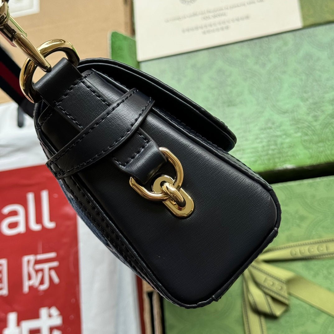 {Style No: LWYX82GV} LUCE SMALL SHOULDER BAG 27 IN BLUE EMBOSSED DENIM AND BLACK CALFSKIN TRIM GOLD HARDWARE - Image 9